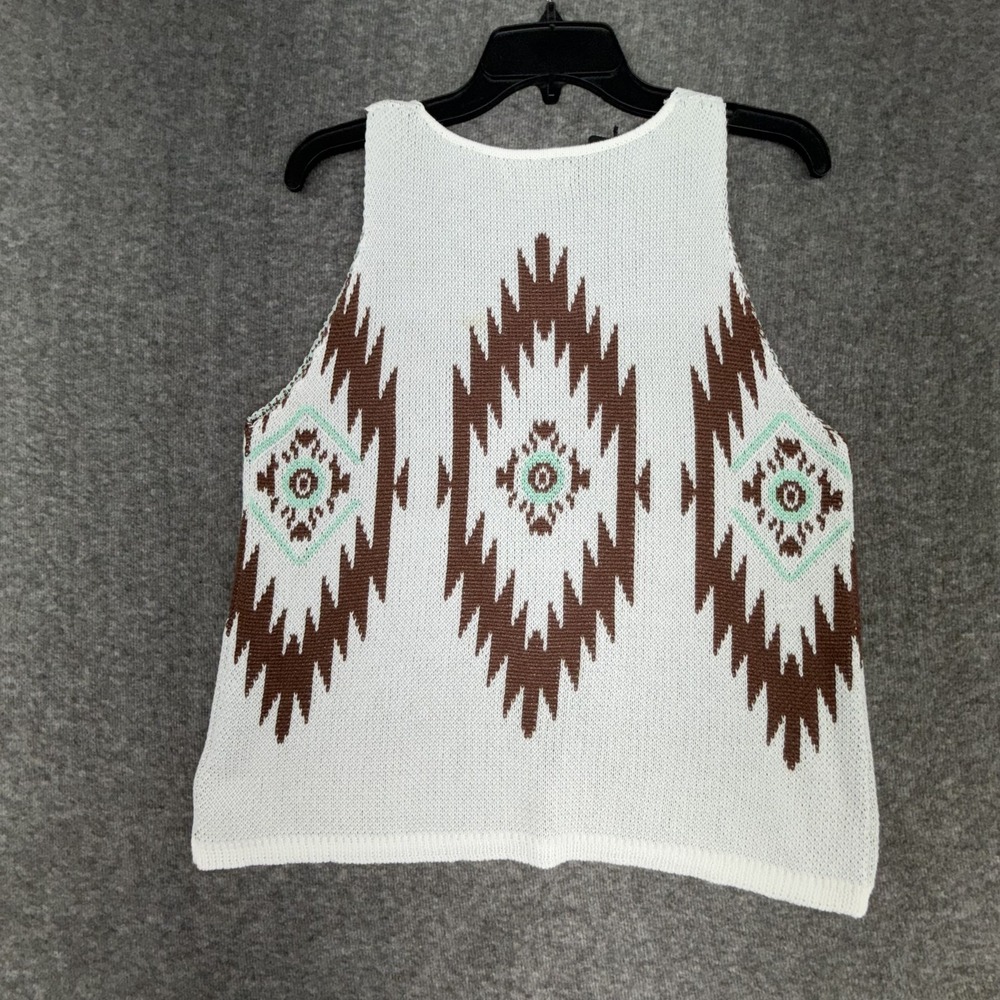 AMOLI Sweater Tank Womens S White Brown Aztec Knit Sleeveless Boho Southwest NWT